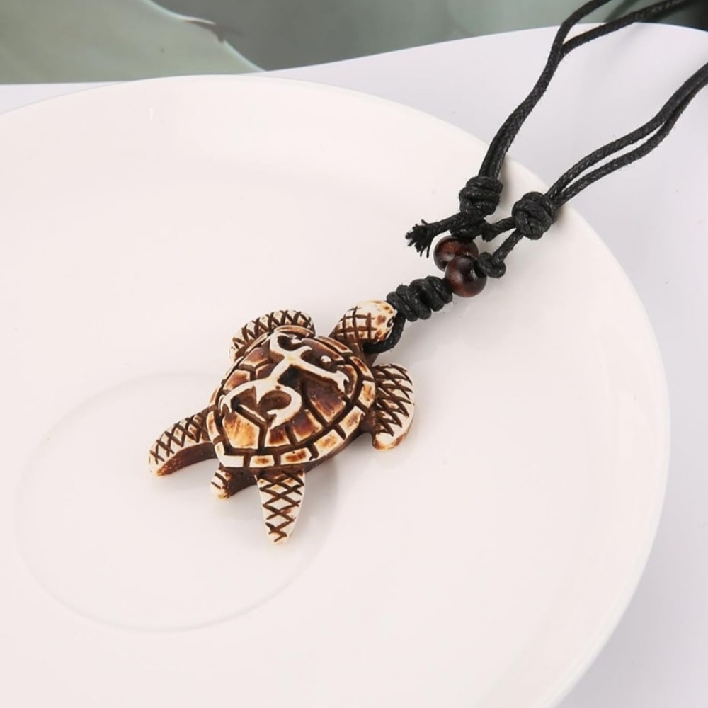 Yak Bone Carved Sea Turtle Hawaiian Beach Adjustable Cord Necklace Amulet